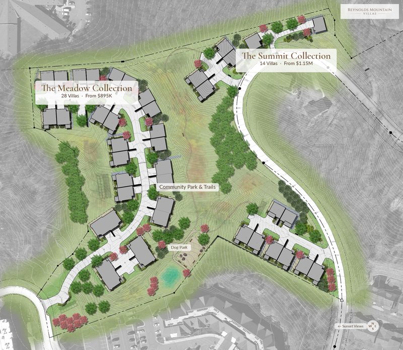 Reynolds Mountain Villas site plan showing the Meadow Collection — 28 villas ascending the mountain